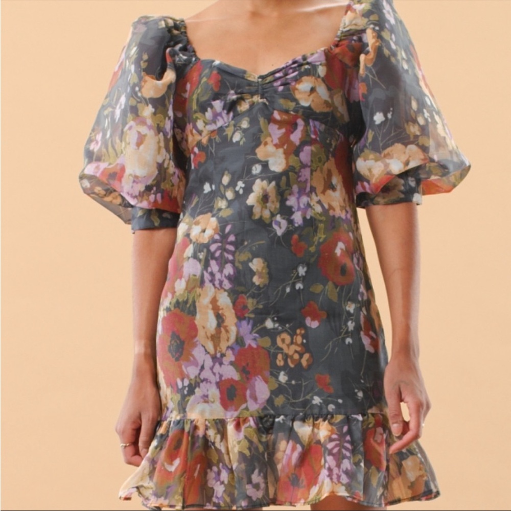 ByTIMO Black Floral Puff Sleeve Organza Dress SZ S EUC